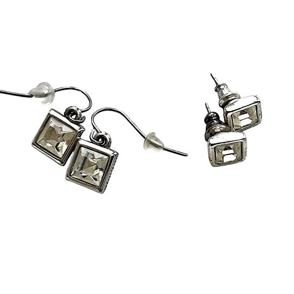 2-Piece Square Crystal Earring Bundle – Dangle & Stud Silver Tone - Picture 1 of 6